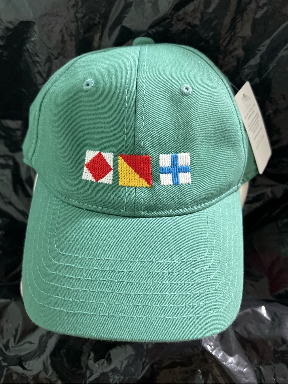 Harding Lane Boat Flags Needlepoint Baseball Hat in Mint green color. Adjustable